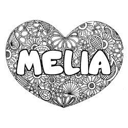 Coloriage pr&eacute;nom MELIA - d&eacute;cor Mandala coeur