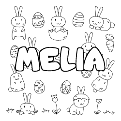 Coloriage pr&eacute;nom MELIA - d&eacute;cor Paques