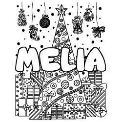 Coloriage prénom MELIA - décor Sapin et Cadeaux