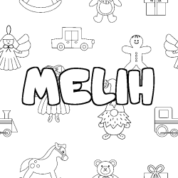 Coloriage prénom MELIH - décor Jouets