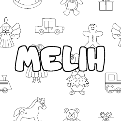 Coloriage pr&eacute;nom MELIH - d&eacute;cor Jouets