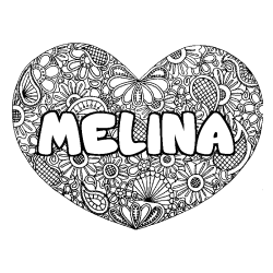Coloriage prénom MELINA - décor Mandala coeur