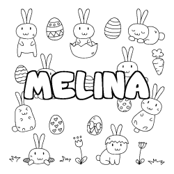 Coloriage pr&eacute;nom MELINA - d&eacute;cor Paques