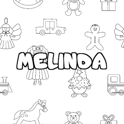 Coloriage prénom MELINDA - décor Jouets