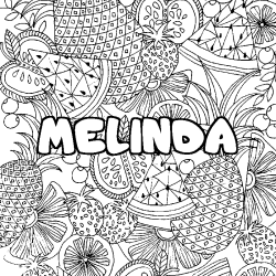Coloriage pr&eacute;nom MELINDA - d&eacute;cor Mandala fruits