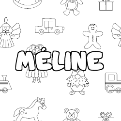 Coloriage pr&eacute;nom M&Eacute;LINE - d&eacute;cor Jouets