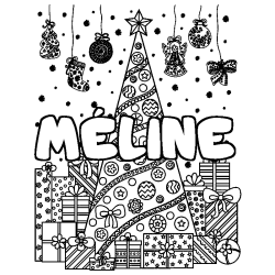 Coloriage prénom MÉLINE - décor Sapin et Cadeaux