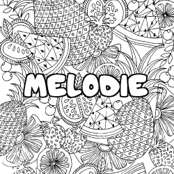 Coloriage prénom MELODIE - décor Mandala fruits