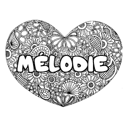 Coloriage pr&eacute;nom M&Eacute;LODIE - d&eacute;cor Mandala coeur