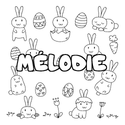 Coloriage pr&eacute;nom M&Eacute;LODIE - d&eacute;cor Paques