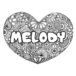 Coloriage prénom MELODY - décor Mandala coeur