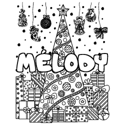 Coloriage pr&eacute;nom M&Eacute;LODY - d&eacute;cor Sapin et Cadeaux