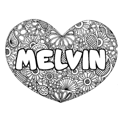 Coloriage pr&eacute;nom MELVIN - d&eacute;cor Mandala coeur