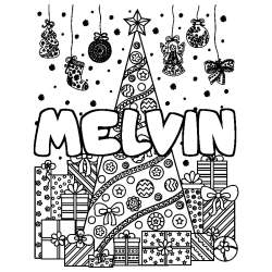 Coloriage pr&eacute;nom MELVIN - d&eacute;cor Sapin et Cadeaux
