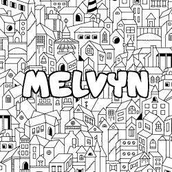 Coloriage pr&eacute;nom MELVYN - d&eacute;cor Ville