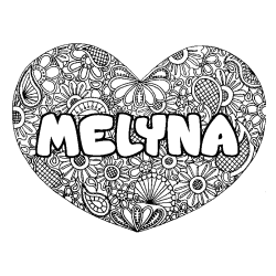 Coloriage pr&eacute;nom MELYNA - d&eacute;cor Mandala coeur