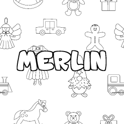 Coloriage pr&eacute;nom MERLIN - d&eacute;cor Jouets