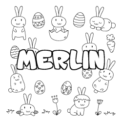 Coloriage prénom MERLIN - décor Paques