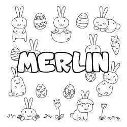 Coloriage pr&eacute;nom MERLIN - d&eacute;cor Paques