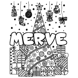 Coloriage prénom MERVE - décor Sapin et Cadeaux