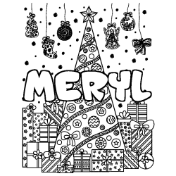 Coloriage prénom MERYL - décor Sapin et Cadeaux