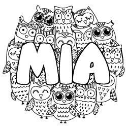 Coloriage pr&eacute;nom MIA - d&eacute;cor Chouettes