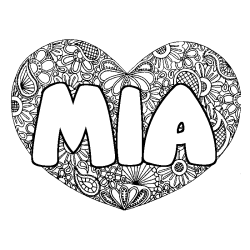 Coloriage pr&eacute;nom MIA - d&eacute;cor Mandala coeur