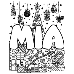 Coloriage pr&eacute;nom MIA - d&eacute;cor Sapin et Cadeaux