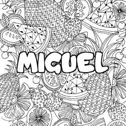 Coloriage prénom MIGUEL - décor Mandala fruits