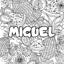 Coloriage pr&eacute;nom MIGUEL - d&eacute;cor Mandala fruits