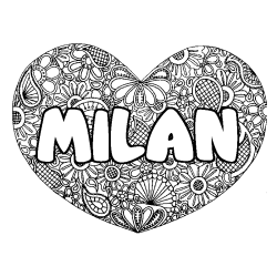 Coloriage prénom MILAN - décor Mandala coeur