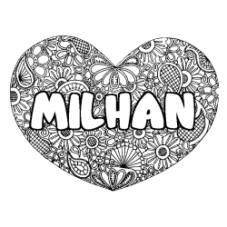 Coloriage prénom MILHAN - décor Mandala coeur