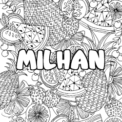 Coloriage pr&eacute;nom MILHAN - d&eacute;cor Mandala fruits