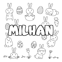 Coloriage prénom MILHAN - décor Paques