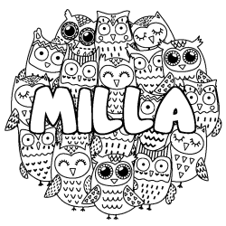 Coloriage pr&eacute;nom MILLA - d&eacute;cor Chouettes