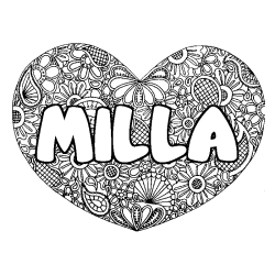 Coloriage prénom MILLA - décor Mandala coeur