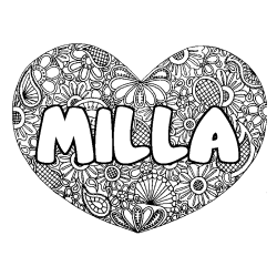 Coloriage pr&eacute;nom MILLA - d&eacute;cor Mandala coeur
