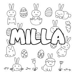 Coloriage pr&eacute;nom MILLA - d&eacute;cor Paques