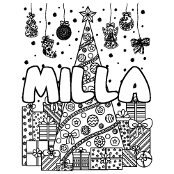 Coloriage prénom MILLA - décor Sapin et Cadeaux