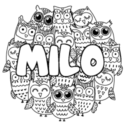 Coloriage pr&eacute;nom MILO - d&eacute;cor Chouettes