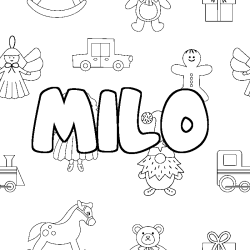 Coloriage pr&eacute;nom MILO - d&eacute;cor Jouets