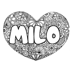Coloriage pr&eacute;nom MILO - d&eacute;cor Mandala coeur