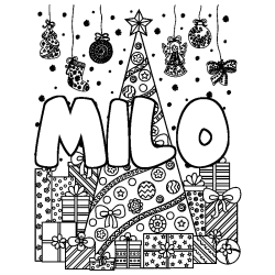 Coloriage prénom MILO - décor Sapin et Cadeaux