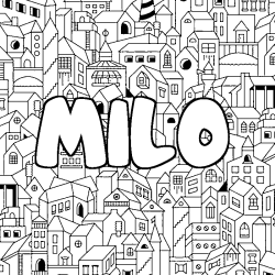 Coloriage pr&eacute;nom MILO - d&eacute;cor Ville