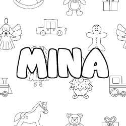 Coloriage pr&eacute;nom MINA - d&eacute;cor Jouets