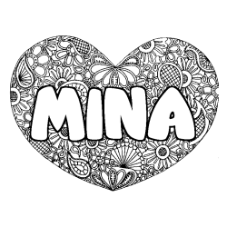 Coloriage pr&eacute;nom MINA - d&eacute;cor Mandala coeur