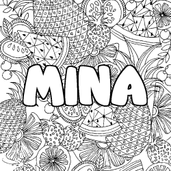 Coloriage prénom MINA - décor Mandala fruits