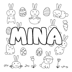Coloriage pr&eacute;nom MINA - d&eacute;cor Paques