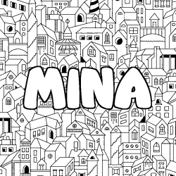 Coloriage prénom MINA - décor Ville