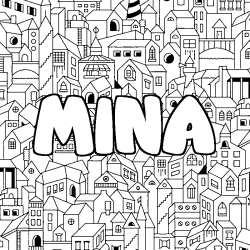 Coloriage pr&eacute;nom MINA - d&eacute;cor Ville